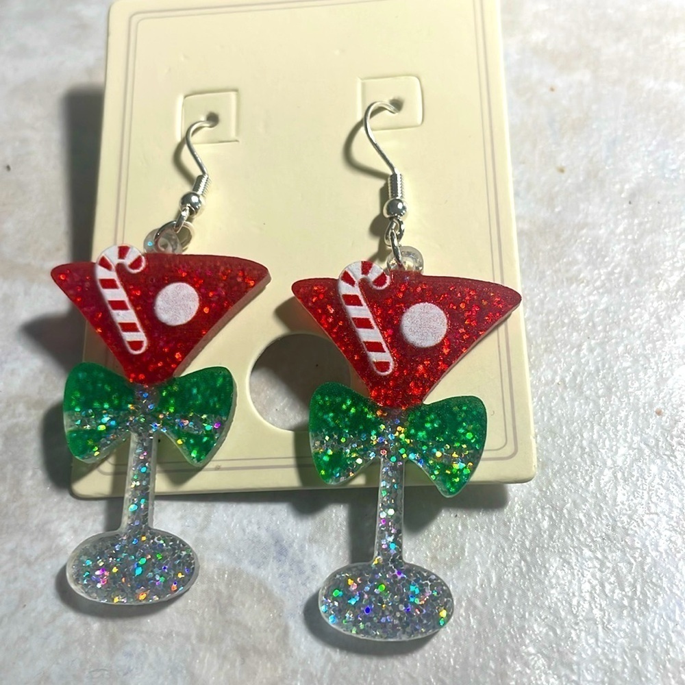 Christmas Tree Santa Resin Dangle Wine Glass Earrings